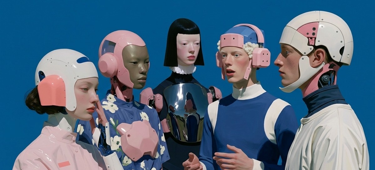 Two figures in visored helmets against a blue sky