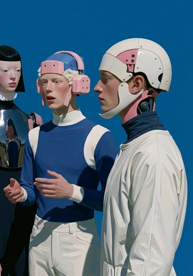 Two figures in visored helmets against a blue sky