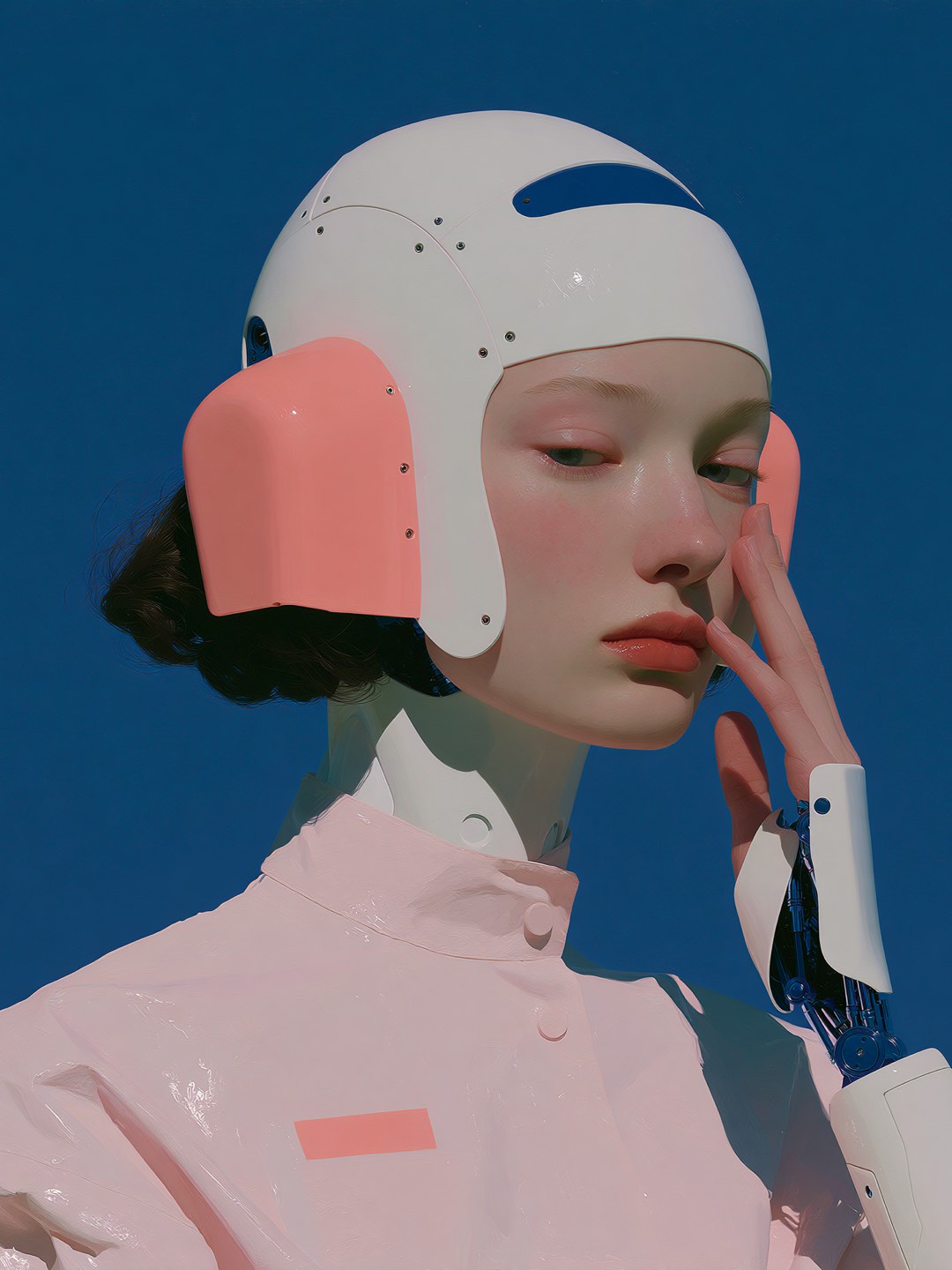 A figure in a pale helmet against a blue sky, one hand raised to the face