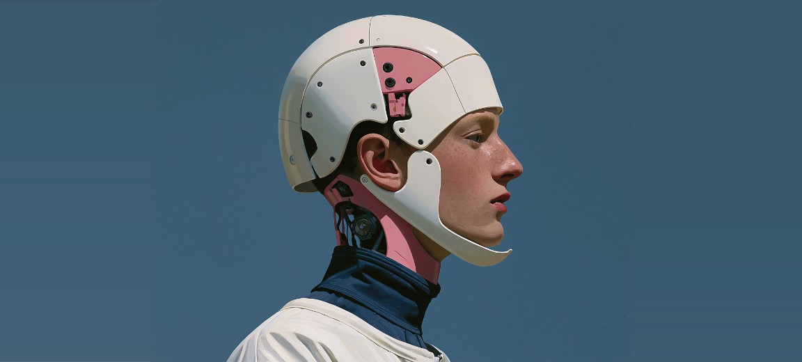 A figure in a white and pink helmet, seen in profile against a blue background.