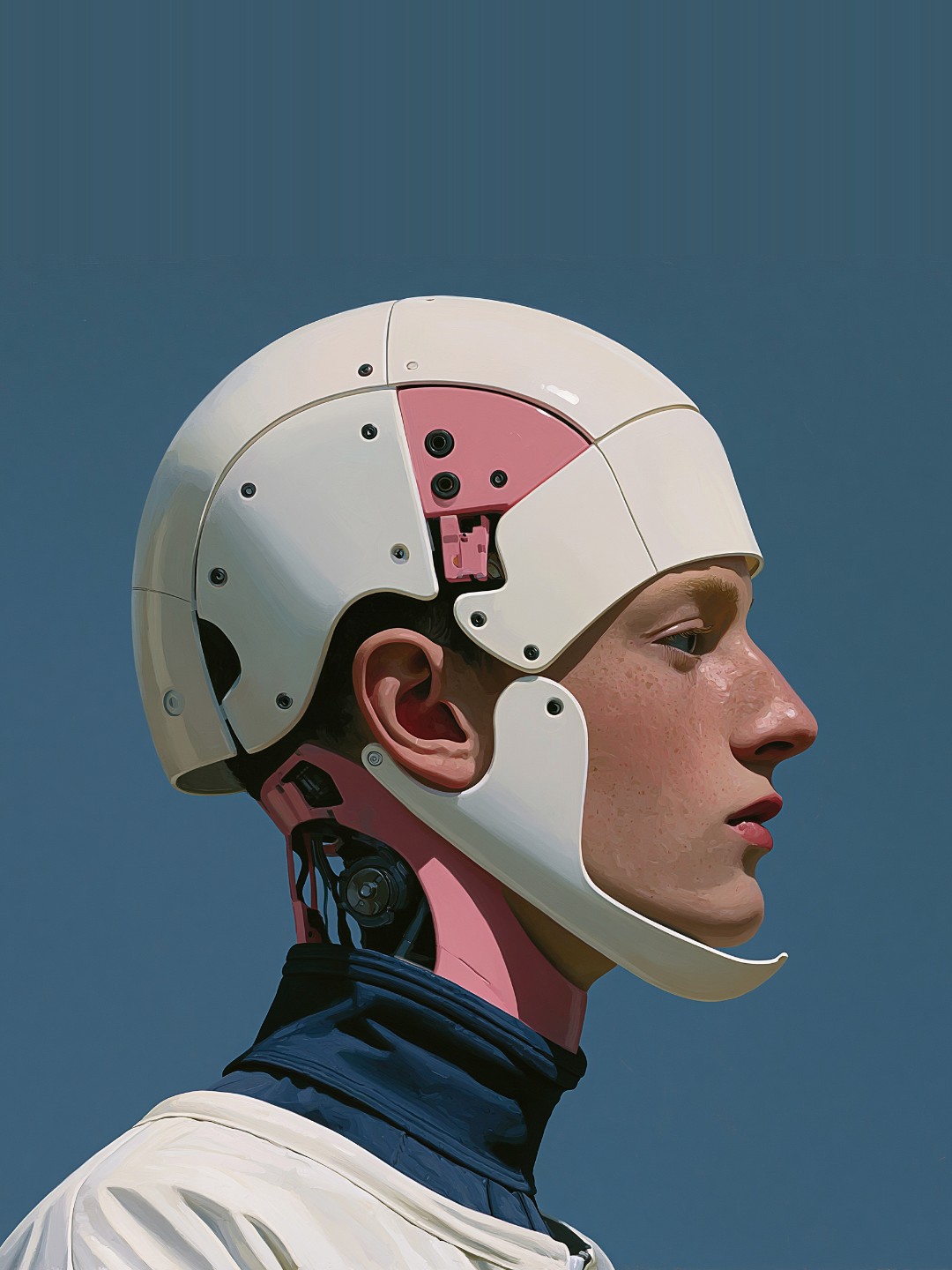 A figure in a white and pink helmet, seen in profile against a blue background.