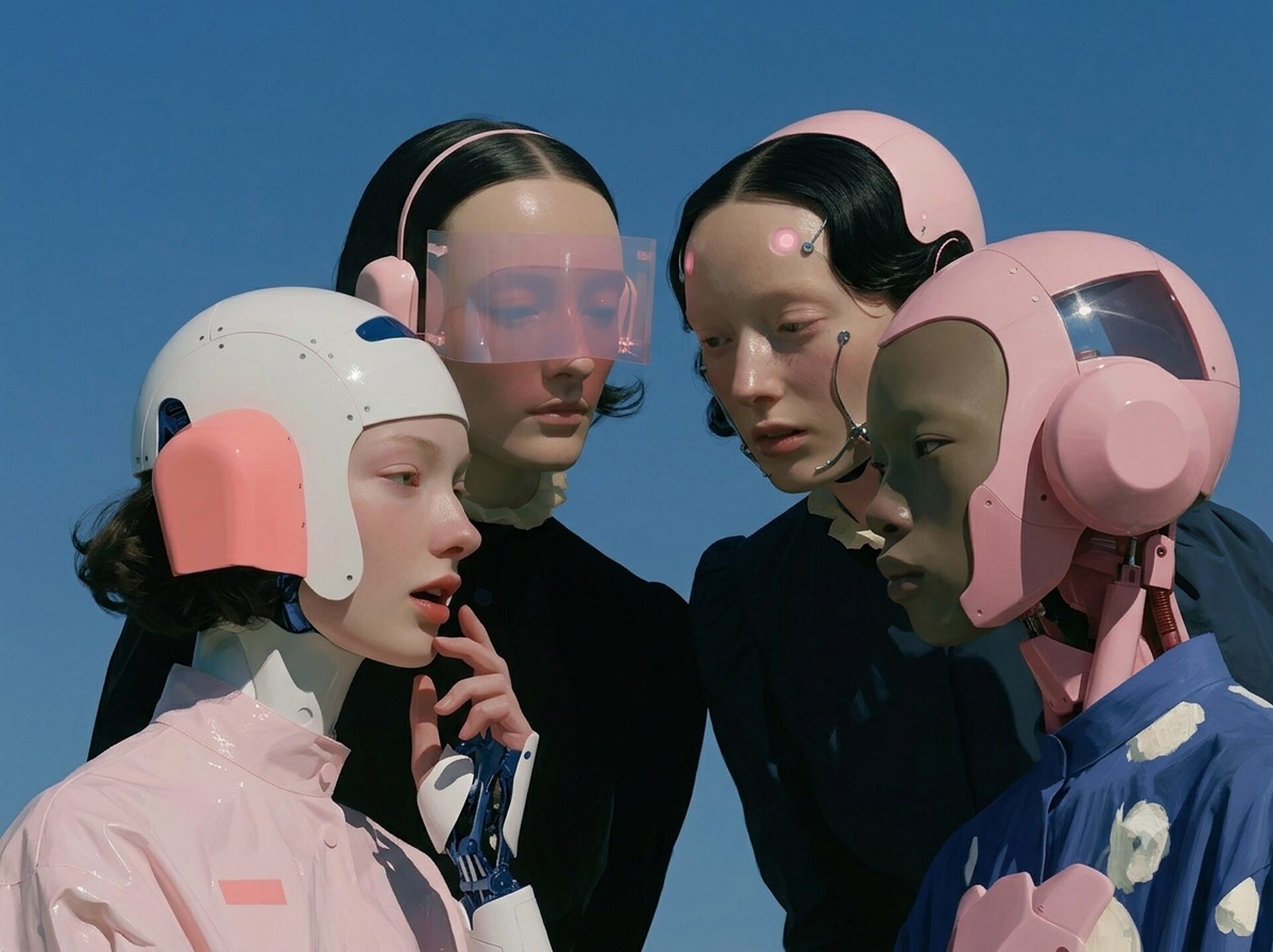 Four figures, part human and part android, leaning close together against an open blue sky.