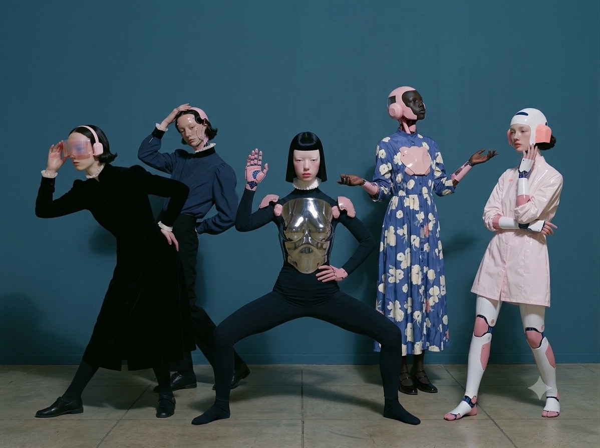 Five figures, part human and part android, posed together against a deep blue wall.