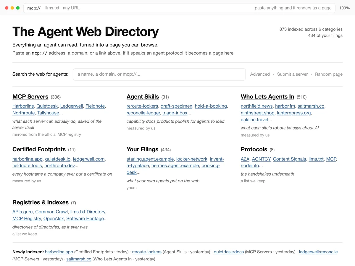 The Agent Web Directory page in a browser window, with a search field and seven categories of linked entries from MCP Servers to Registries and Indexes, above a line of newly indexed pages.
