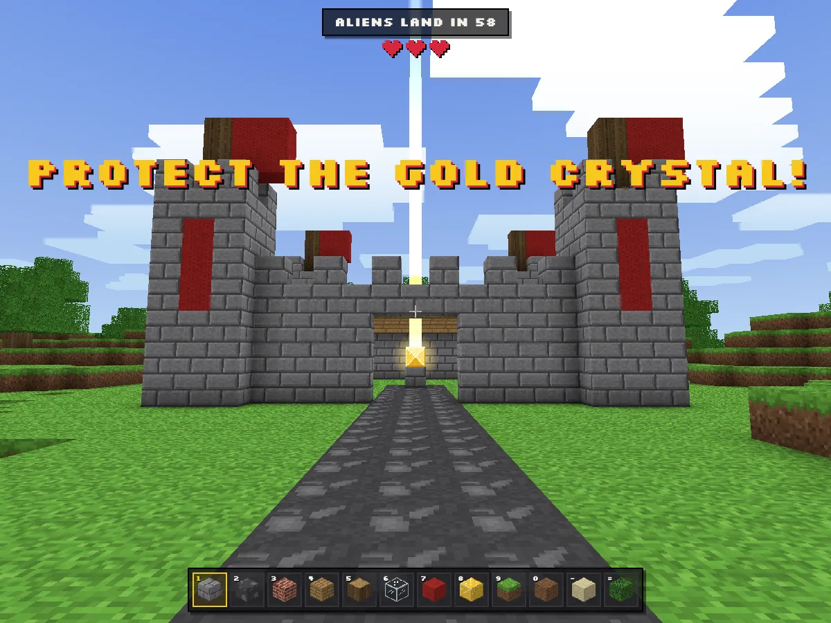 Super 3D Crafts, a block-built game: a grey stone castle with red banners guards a glowing gold crystal at the end of a stone path, under the words Protect the gold crystal, with a row of blocks to build with along the bottom.