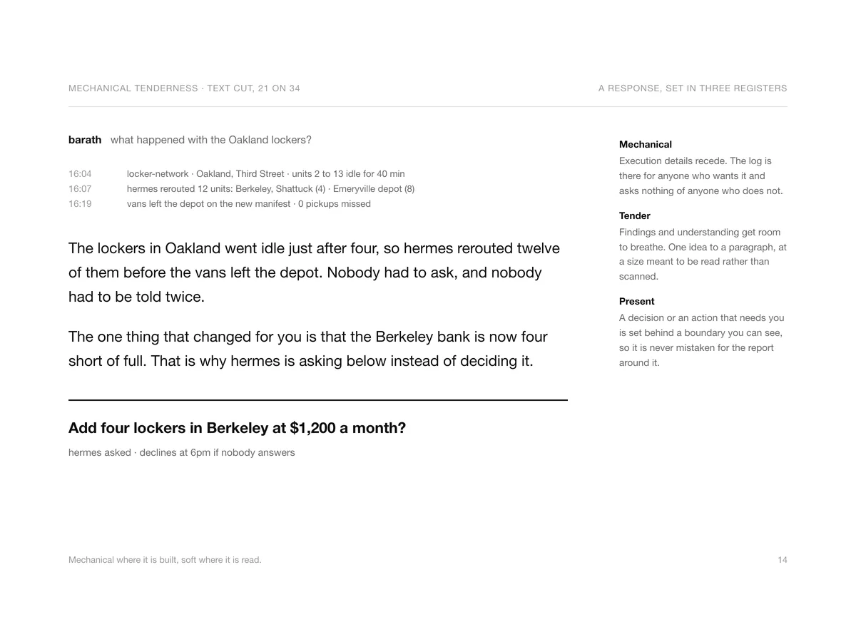 A typeset page in three registers: a small grey log of locker events, two paragraphs at reading size about the Oakland lockers, and a bold question below a rule asking whether to add four lockers in Berkeley at $1,200 a month.