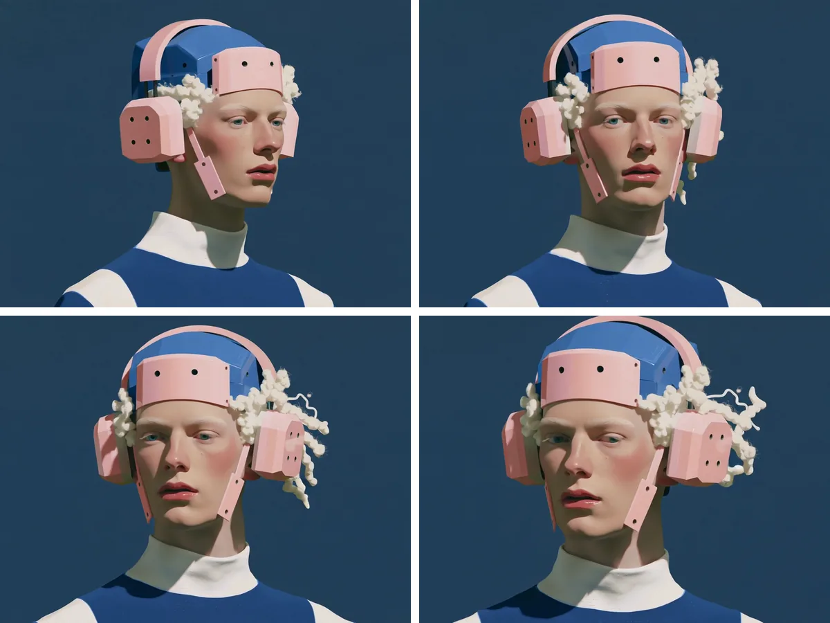 Four views of the same fellow, fennec, in a pink and blue helmet with white curls, turning from three-quarter left to three-quarter right in a two by two grid on a dark blue background.